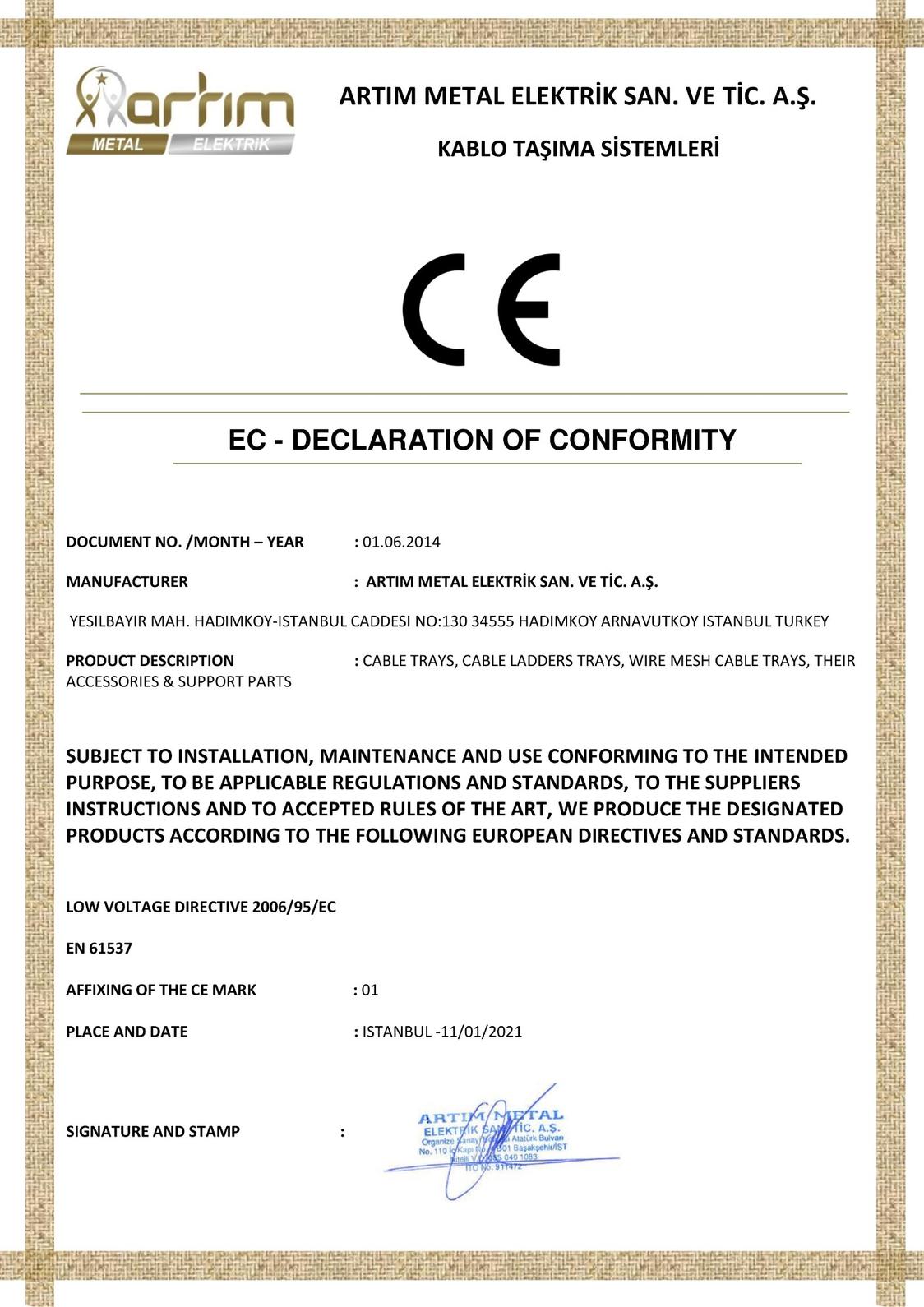 Artım Metal CE Certificate