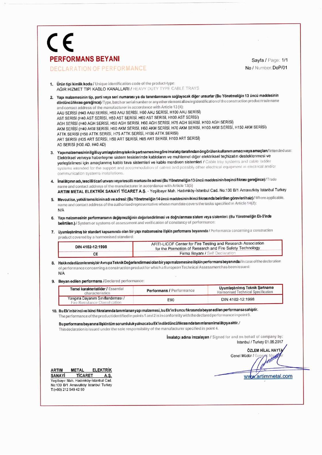 DOP Artım Metal (CE) Performans Beyanı