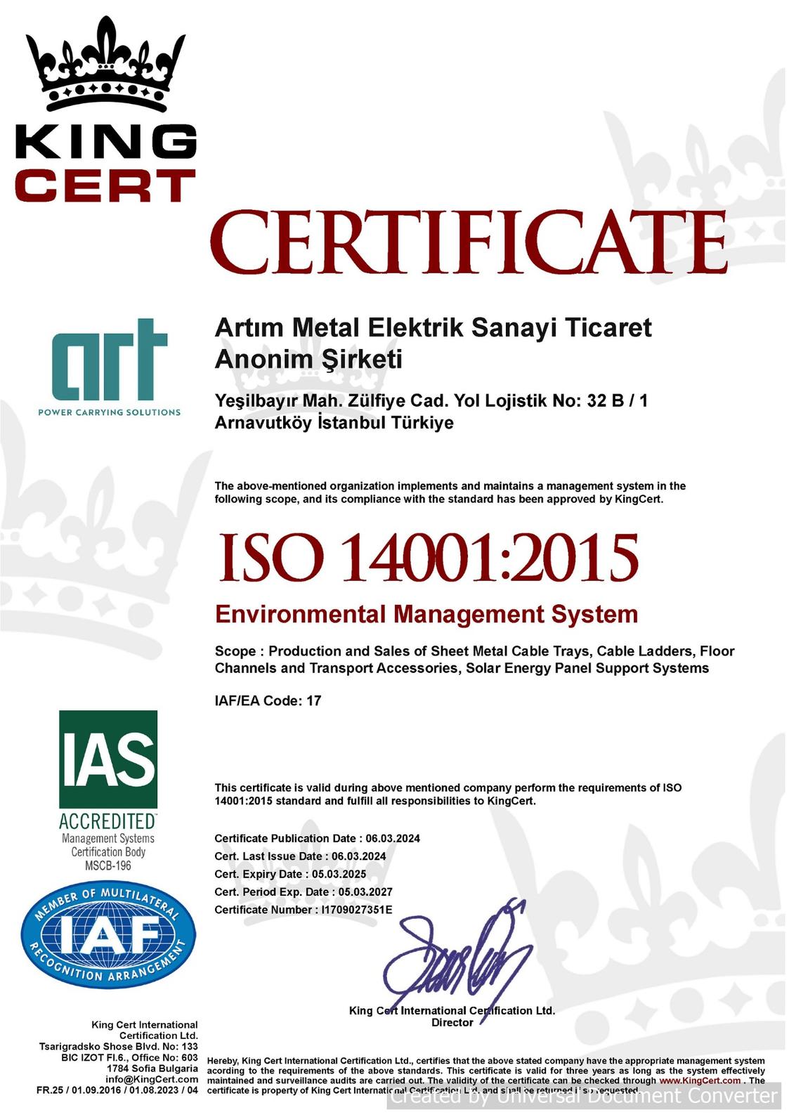 ISO 14001:2015 Certificate