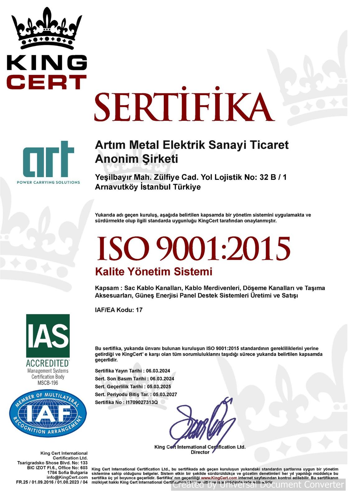 ISO 9001:2015 Belgesi